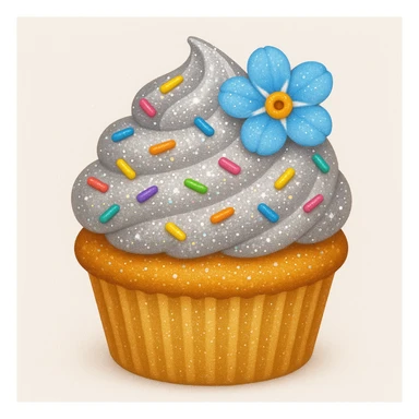 Add edible glitter and a small blue flower to the cupcake with silver frosting and rainbow sprinkles in emoji style. sticker
