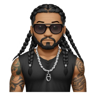Samoan male. Facial hair on chin only.
Untucked loose fitting black t-shirt. 
long black braided hair.
very muscular.
Even More tattoos. 
Tough and menacing.
Dark black square sunglasses. sticker