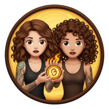 rune trap — long wavy brown hair tattooed woman and short tight curly brown hair woman — startled circle glow sticker