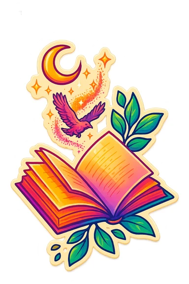 A magical book with leaves, a flying bird, a crescent moon, and sparkles in retro stickers style. Keep the composition and elements close to the reference image, but add a sense of magic and glowing energy. sticker
