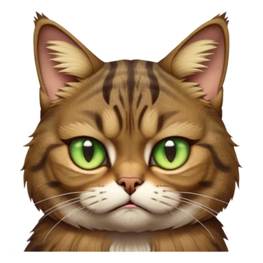 Cinematic Meme-Worthy Grumpy Brown Tabby Cat Portrait Emoji, Head held high but eyes filled with dramatic disappointment, fluffy brown fur with striking tabby markings, signature M-shaped forehead furrowed into an unmistakable scowl, large ears slightly angled back in disapproval, piercing golden-green eyes glaring with pure exasperation, Simplified yet hilariously over-exaggerated features, highly detailed, glowing with an aura of supreme annoyance, high shine, exhausted yet judgmental, stylized with an almost regal pettiness, bright but brooding, soft glowing outline, capturing the essence of a feline that has seen it all and is thoroughly unimpressed, so meme-worthy it feels like it could instantly become the next viral sensation of grumpiness! sticker