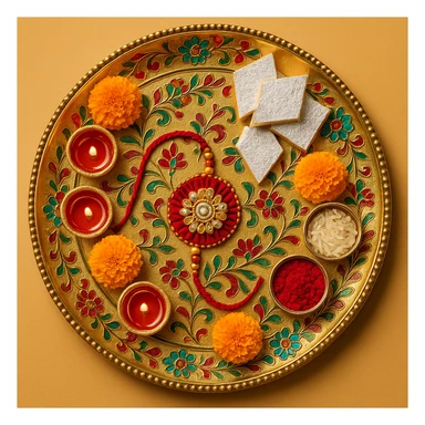 A rakhi thali with intricate floral patterns, colorful embellishments, and festive elements sticker