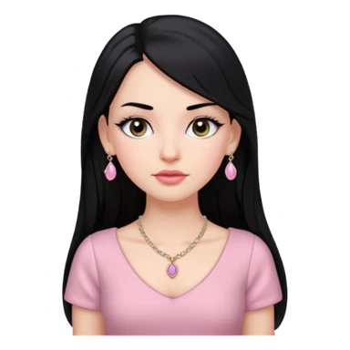 Menina branca ,cabelos pretos longos, olhos pretos puxados para cima. Cílios longos, lábios grossos ,nariz pequeno ,vestido rosa claro de alça. Colar e brinco bem pequeno sticker