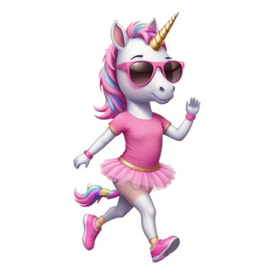 friendly anthropomorphised female unicorn in tutu and pink t-shirt, wearing dark sunglasses, jogging upright in relaxed pose sticker
