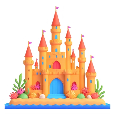 Ariel's underwater castle from The Little Mermaid, golden spires, colorful coral, seashell architecture, bubbles sticker