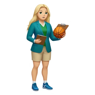 Full Body white plus size female basketball head coach using a clipboard with long blonde hair in a blue and green suit sticker