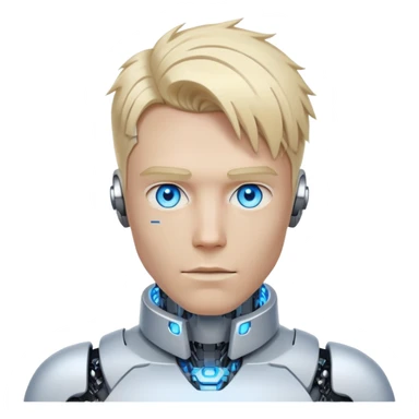 Cyborg male with tousled straight blond hair, partly mechanical face, glowing eyes, white tech collar sticker