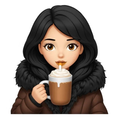 Tanned Girl with lashes , black hair, in an extremely big fluffy oversized jacket, and drinking hot chocolate drink sticker