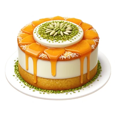 A small round emoji of traditional kanafeh with golden-orange crispy threads, a gooey white cheese center, and a light sprinkle of green pistachios. Warm and delicious-looking. sticker