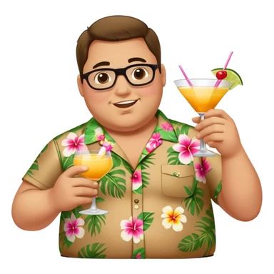 chubby guy full figure in a flowered hawai shirt holding a cocktail sticker