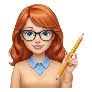 redheaded woman with long wavy hair and bangs, blue eyes, cat-eye glasses, wearing a pencil skirt and apricot blouse, holding a pencil, smiling sticker