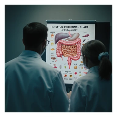 realistic cinematic photo from behind of two doctors in white coats, studying a large medical chart with detailed intestinal parasites, dramatic clinical lighting, 2:3 aspect ratio sticker