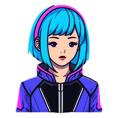 Cyberpunk Japanese girl with neon blue wig, futuristic holographic jacket, digital glitches effect, dark background with purple neon glow, iOS app icon style sticker