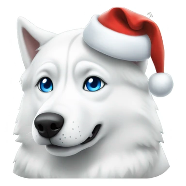 All white husky with blue eyes and a Christmas hat sticker