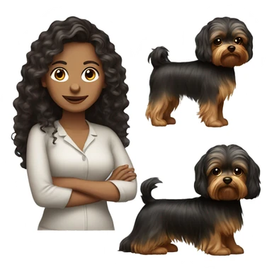 40 years old woman with dark brown long hair ,slidly curly and a yorkie  sticker