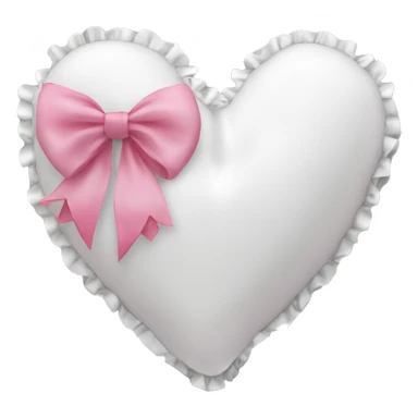 White heart shaped pillow with ruffles and pink bow sticker