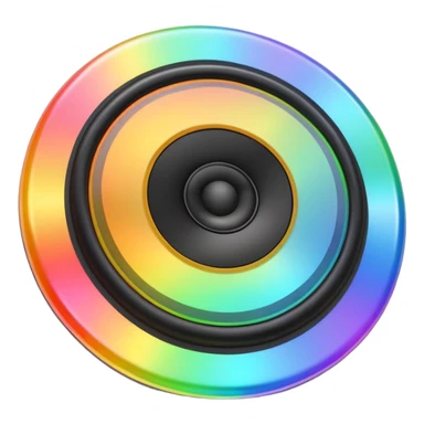 A speaker emoji 🔊 with a smooth CD-like surface that reflects rainbow iridescent colors, glowing RGB light ring around the edge, shiny plastic body, prismatic reflections shifting across the front, soft sparkles and light gleams, holographic sheen, clean simple shape, bright colorful highlights sticker