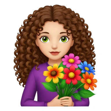 light skinned brunette long curly haired girl with green/hazel eyes holding big bright bunch of flowers. White background. sticker