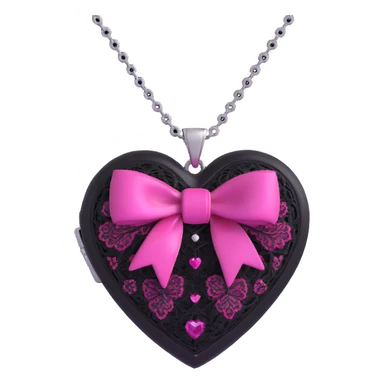 3D emoji style pink bow with gothic effect, black lace overlay, silver heart locket charm, and magenta gemstone sticker