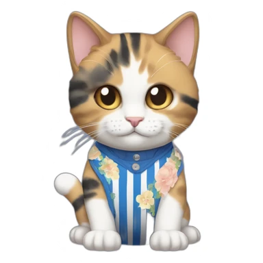 Purradise Meowscles is a buff calico anthropomorphic cat  he has a mullet, a floral designed t shirt that is unbuttoned and blue and white stripped shorts sticker