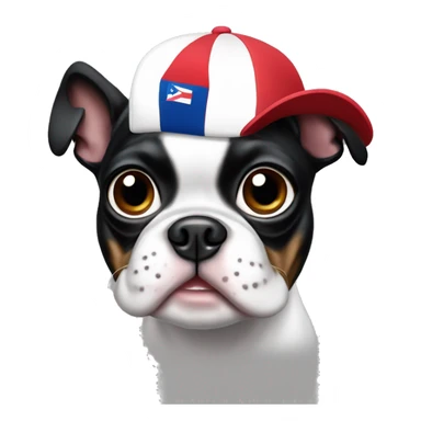 Boston terrier with a Puerto Rico baseball hat sticker