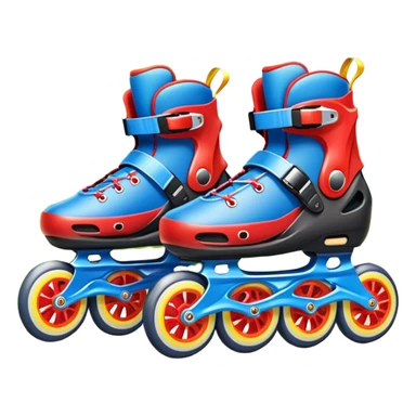 An icon featuring a pair of colorful rollerblades placed on a smooth path. The background showcases a picturesque park with lush greenery, blooming flowers, and a clear blue sky with soft clouds. The bright sunlight adds a cheerful touch to the scene. Transparent background sticker