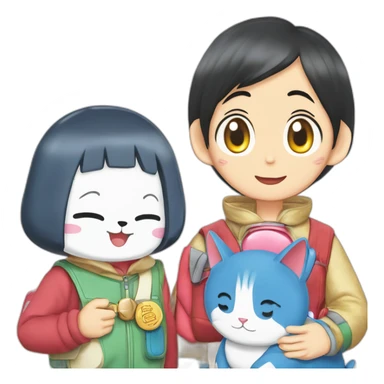 Doraemon and Dorami with a name tag of "Anjali" on Doraemon and "Aouf" on Dorami sticker