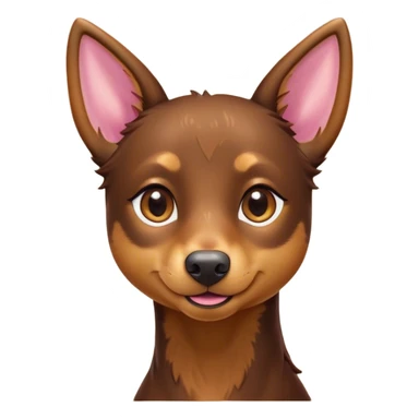 Cinematic Cute Brown and Tan Kelpie Portrait Emoji, Head tilted playfully and inquisitively, featuring a glossy brown Fur with vibrant tan accents, round, sparkling warm eyes filled with curiosity, Simplified yet irresistibly adorable features, highly detailed, glowing with a warm, friendly glow, high shine, affectionate and spirited, stylized with a touch of whimsy, bright and endearing, soft glowing outline, capturing the essence of a mischievous yet loving herder, so playful it feels like it could leap out of the screen and into your arms! sticker