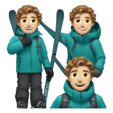 white Boy with wavy brown hair skiing on teal skis. He is wearing an all gray coat and black snow pants  sticker