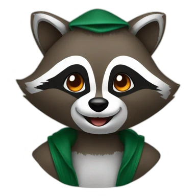 brown raccoon with orange eyes and a dark green hood that is laughing sticker