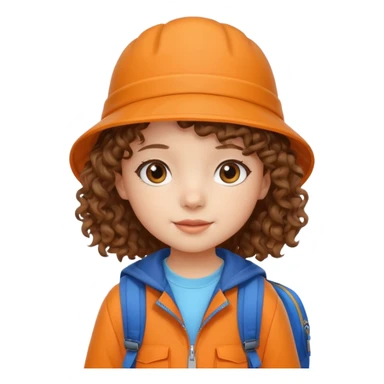 A little girl student curly brown hair, with beige bucket hat, orange jacket, blue backpack sticker