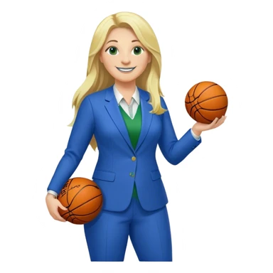 Full Body white plus size female with big nose basketball head coach using a clipboard with long blonde hair in a blue and green suit smiling with basketball and clipboard sticker