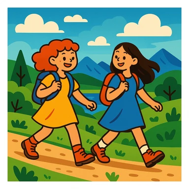 two girls hiking together in dresses, scenic background, playful mood sticker