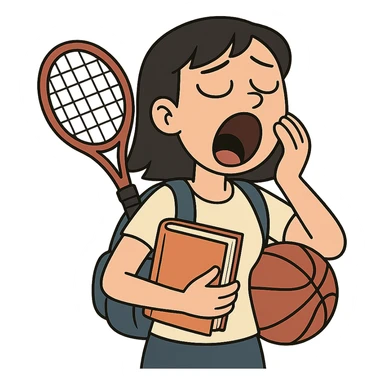 female student with black hair, yawning, holding a book and sports equipment, tired, flat toon style sticker