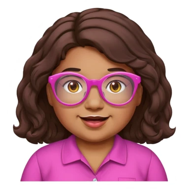 chubby English teacher, cheerful, pink glasses, wavy long dark brown hair, face only, classroom background, emoji style, hint of gamer personality sticker