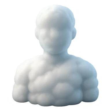 person looking straight, fully made of white fluffy convex clouds, shoulders, matte glass style sticker