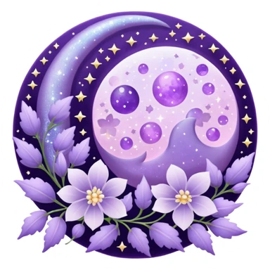 Beautiful poetic ethereal romantic aesthetic sparkly glittery shiny pretty floating pastel lilac lavender Violet moon and flowers and leaves aesthetic deco sticker
