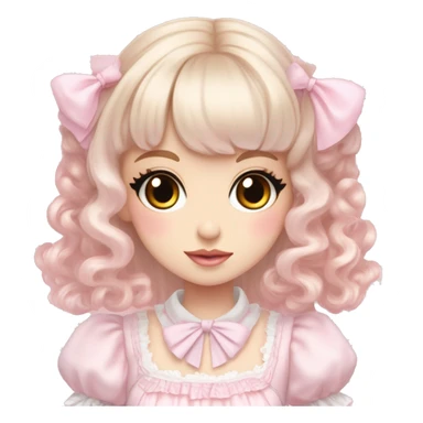 pale girl , who has curly medium length blonde and baby pink swirled hair with bangs , grey eyes , and doll like makeup , in a light pink lolita hime gyaru dress  sticker