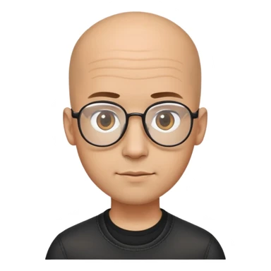 Man with small oval face and big forehead, aviator-style glasses, completely bald/shaved sides with very short curly dark hair only on top of head, neutral-friendly expression, light brown skin, wearing a black shirt sticker