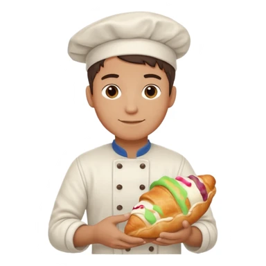 Young male baker – holding a croissant, flour on clothes

 sticker