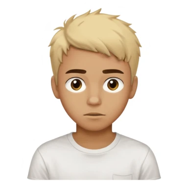 Short buzz, messy blonde hair. Dark brown bushy eyebrows large expressive golden-brown eyes, wearing a plain white t-shirt. Male Teenager. Brown skin color.  sticker