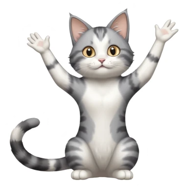 grey and white cat doing a big long stretch reaching up into the airwith arms together sticker