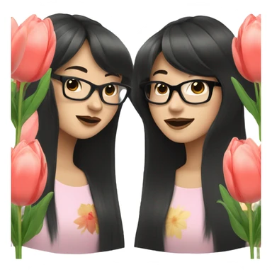 asian pale skin girl with long black shaking hair and bangs and glasses holding tulips sticker