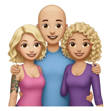 throuple tatted bald boyfriend with two girlfriends, one long blonde hair, other short curly brunette  sticker