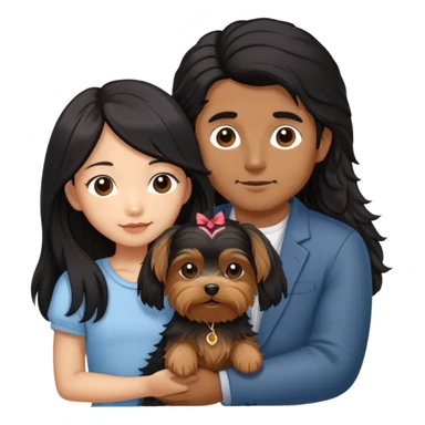 A couple holding holding a small Yorkshire Terrier together. The girl is an Asian girl with long, luscious wavy black hair (loose, no hair tie). She is standing beside a brown-skinned man with a middle part haircut.  sticker