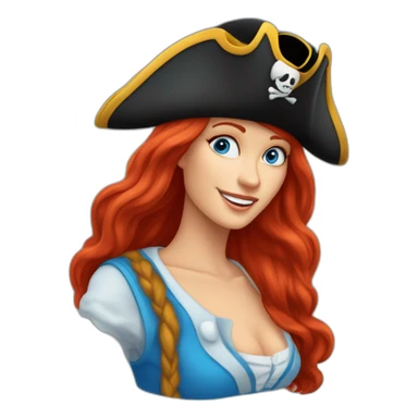 Woman long red hair down one side in a single platt. pirate hat. One side of head has no hair. Blue eyes. skull and crossbones t shirt sticker