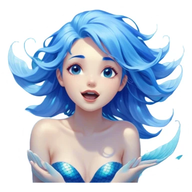 Cinematic Realistic Blue Hair Mermaid Portrait, head tilted slightly with a dramatic, wide-open yawn, revealing a tender, relaxed visage with intricately detailed, tanned skin and vibrant, cascading blue hair softly billowing around her. Her dreamy eyes exude a serene, aquatic charm, rendered with gentle underwater lighting and a soft, high-shine finish that captures the essence of a drowsy yet captivating mermaid drifting into tropical slumber. sticker