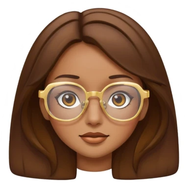 a girl with brown hair, slightly tanned skin and large square gold glasses sticker