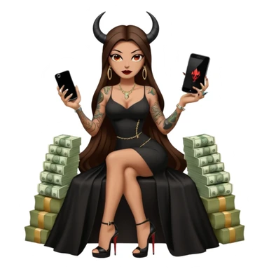 Sensual queen long brown straight haired mafia woman with black shiny platform high heels on her feet,  and black devil horns on her head, tattoos on arms , holding a stack of cash, has a phone in other hand. Sitting on a large big new model F350 pickup truck  long black dress with  slit sticker