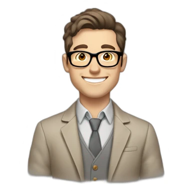 Joyful Pale skinned Fit Man With dark brown hair in gray jacket, beige office shirt, Brown pants and vintage glasses. His thrumbs up sticker